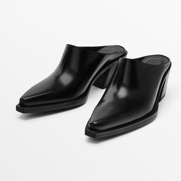 NWT. Massimo Dutti Black Leather High-Heel Mules. Size 5. - Picture 1 of 9